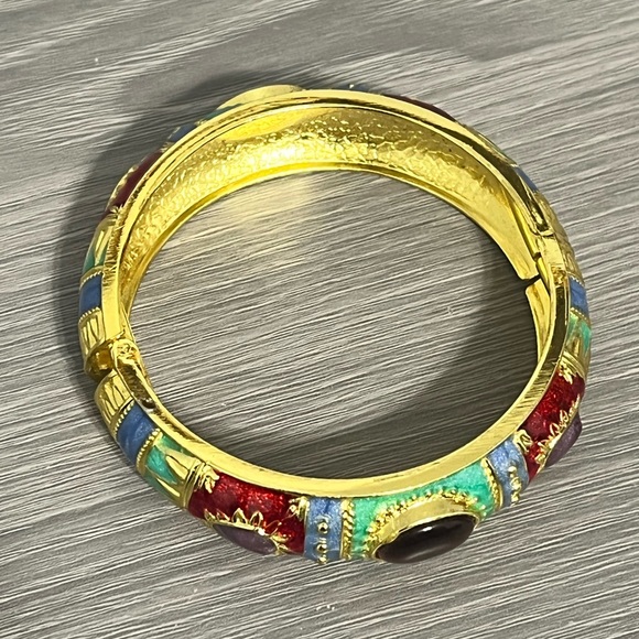 New Gold and Enamel Hinged Bangle Bracelet with Boho Design and Gemstones - Picture 4 of 6
